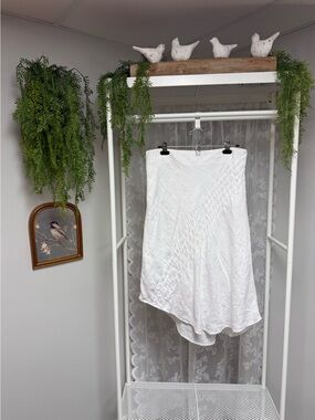 White Linen Asymmetric Midi Skirt Boho Coastal Chic Lined Side Zip Size 10